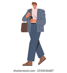 Hombre de negocios moderno que comprueba el teléfono mientras que camina con un maletín, capturando vida profesional urbana. Ilustración vectorial.