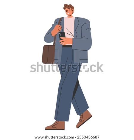 Modern businessman checking phone while walking with a briefcase, capturing urban professional life. Vector illustration.