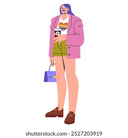 Conceito de empresário moderno. Uma figura masculina estilizada com um café e pasta significa prontidão para trabalhar. Trajes na moda, diversidade no trabalho. Ilustração vetorial.