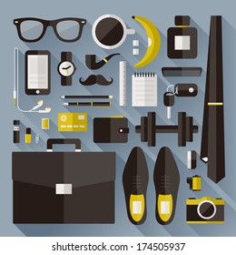 Modern businessman essentials. Flat design elements with long shadow