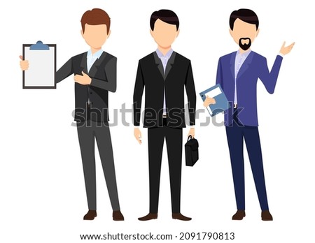 Modern businessman face less characters set team standing together and posing isolated on white background holding bag file folder clipboard