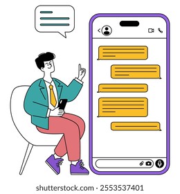 Modern businessman interacts with a large smartphone, symbolizing digital communication and online business management. Vector illustration.