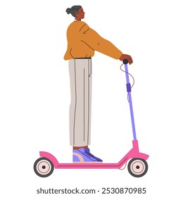 Hombre de negocios moderno en scooter eléctrico. Un profesional en atuendo casual que viaja con transporte ecológico. Concepto de movilidad Urbana. Ilustración vectorial.