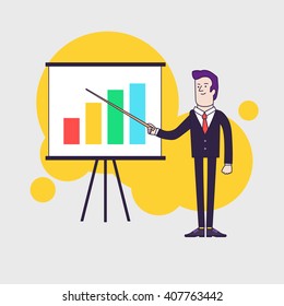 Modern businessman points to flipchart with colored bar chart. Line flat style illustration.