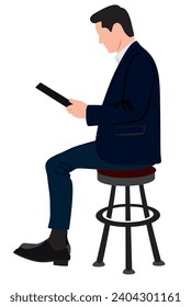 Modern businessman using digital  tablet for business purpose sitting on stool. Business concept vector illustration on transparent background. 