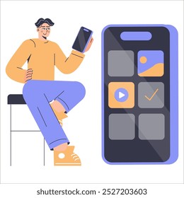 Modern businessman using smartphone with app interface. Tech-savvy professional interacts with mobile technology. Vector illustration.