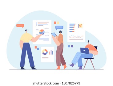 Moderne Geschäftsleute interagieren mit Diagrammen und analysieren Statistiken. Kundenverfolgungssoftware, Datenvisualisierung. Büro-Arbeitskonzept, Team-Partnerschaft. Flache Vektorgrafik.