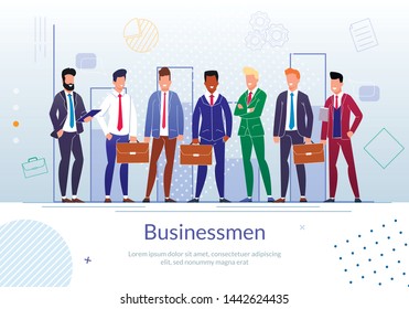 Modern Businessmen Flat Vector Banner Template with Successful Entrepreneurs, Business Leader, Company Employees or CEOs Happy Smiling Characters in Suits Standing with Briefcase in Hand Illustration