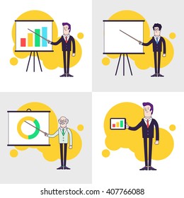 Modern businessmen set. Flipchart with colored bar chart, pie chart. Old professor is showing presentation. Businessman is holding tablet. Line flat style illustration