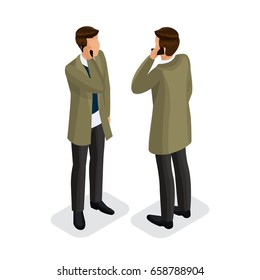 
Modern businesspeople talking on the phone. Front view rear view. A man in isometric 3d in a raincoat and trousers with a phone. Vector illustration