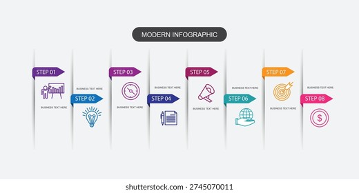 Modern Business-Related Process 8 step Infographic Template. Process Timeline Chart with linear icons