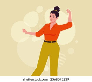 Modern businesswoman active move pose. Business lady, high waisted pants, office trousers with belt, attractive blouse female model. Vector flat style cartoon illustration, creative background color