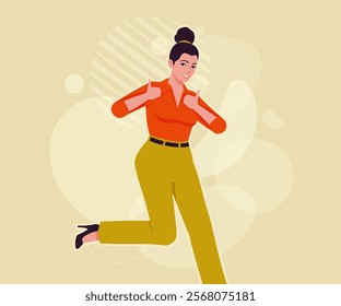 Modern businesswoman active run pose. Business lady, high waisted pants, office trousers with belt, attractive blouse female model. Vector flat style cartoon illustration, creative background color