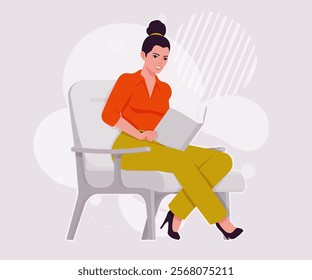 Modern businesswoman armchair sit pose. Business lady, high waisted pants, office trousers with belt, attractive blouse female model. Vector flat style cartoon illustration, creative background color