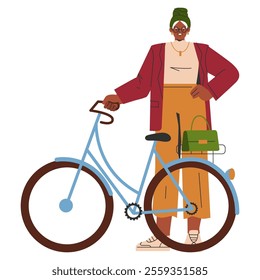 Modern businesswoman with bicycle. Professional female riding to work, promoting eco-friendly commute. Urban lifestyle choice. Vector illustration.