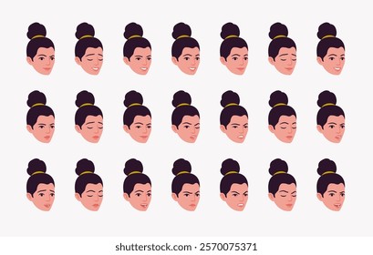 Modern businesswoman, brunette top knot business emotion set, female consultant manager, beautiful lady entrepreneur feelings bundle portrait. Face icons, facial expression pic. Vector illustration