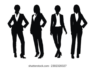 Modern businesswoman bundle wearing suits and standing in different positions. Female employee silhouettes with anonymous faces. Creative woman employee and girl businessman silhouette set vector.