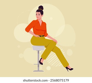 Modern businesswoman chair sitting pose. Business lady, high waisted pants, office trousers with belt, attractive blouse female model. Vector flat style cartoon illustration, creative background color