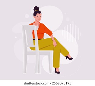 Modern businesswoman chair sitting pose. Business lady, high waisted pants, office trousers with belt, attractive blouse female model. Vector flat style cartoon illustration, creative background color