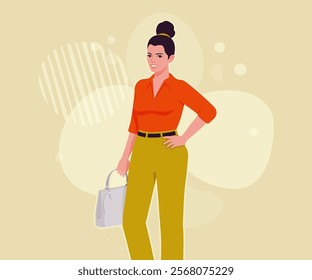 Modern businesswoman confident pose. Business lady, high waisted pants, office trousers with belt, attractive blouse female model. Vector flat style cartoon illustration on creative background color