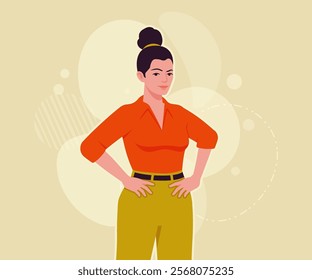 Modern businesswoman confident pose. Business lady, high waisted pants, office trousers with belt, attractive blouse female model. Vector flat style cartoon illustration on creative background color