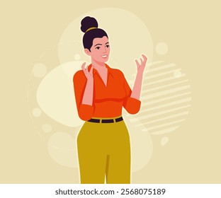 Modern businesswoman educator pose. Business lady, high waisted pants, office trousers with belt, attractive blouse female model. Vector flat style cartoon illustration, creative background color