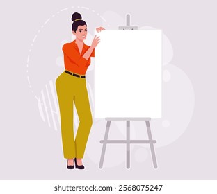 Modern businesswoman empty easel lean pose. Business lady, high waisted pants, office trousers, belt, attractive blouse female model. Vector flat style cartoon illustration on creative background