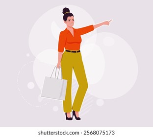 Modern businesswoman finger point pose. Business lady, high waisted pants, office trousers with belt, attractive blouse female model. Vector flat style cartoon illustration, creative background color