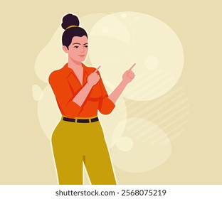 Modern businesswoman finger point talk pose. Business lady, high waisted pants, office trousers with belt, blouse female model. Vector flat style cartoon illustration, creative background color