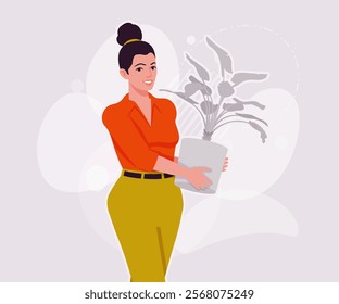 Modern businesswoman flower pot plant holding. Business lady, high waisted pants, office trousers belt, attractive blouse female model. Vector flat style cartoon illustration creative background color