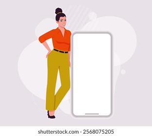 Modern businesswoman giant smartphone lean pose. Business lady, high waisted pants, office trousers, belt, attractive blouse female model. Vector flat style cartoon illustration, creative background