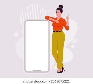 Modern businesswoman giant smartphone lean stand pose. Business lady, high waisted pants, office trousers, attractive blouse female model. Vector flat style cartoon illustration, creative background