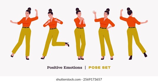 Modern businesswoman happy pose set. Business lady in high waisted pants, loose office work long trousers with belt, attractive classy blouse female model. Vector flat style cartoon illustration