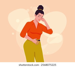 Modern businesswoman head hold pose. Business lady, high waisted pants, office trousers with belt, attractive blouse female model. Vector flat style cartoon illustration, creative background color