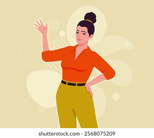 Modern businesswoman hello wave pose. Business lady, high waisted pants, office trousers with belt, attractive blouse female model. Vector flat style cartoon illustration, creative background color