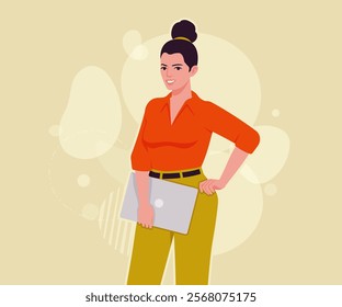 Modern businesswoman holding laptop computer pose. Business lady, high waisted pants, office trousers belt, blouse female model. Vector flat style cartoon illustration creative background color