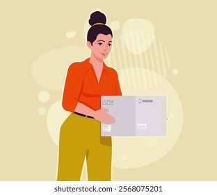 Modern businesswoman holding packed box pose. Business lady, high waisted pants, office trousers with belt, blouse female model. Vector flat style cartoon illustration creative background color