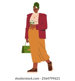 Modern businesswoman illustration. A confident female professional walks with a coffee and briefcase, embodying urban career life. Vector illustration.