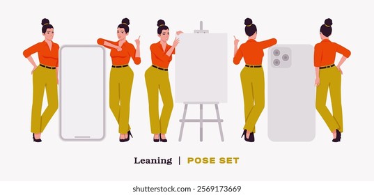 Modern businesswoman lean pose set. Business lady in high waisted pants, loose office work long trousers with belt, attractive classy blouse female model. Vector flat style cartoon illustration