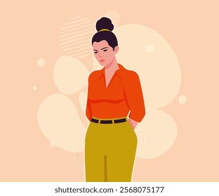 Modern businesswoman pensive pose. Business lady, high waisted pants, office trousers with belt, attractive blouse female model. Vector flat style cartoon illustration on creative background color