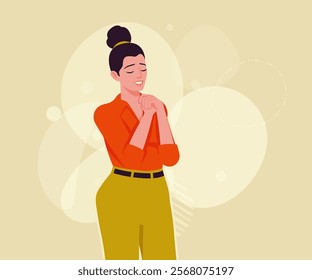 Modern businesswoman pleading pose. Business lady, high waisted pants, office trousers with belt, attractive blouse female model. Vector flat style cartoon illustration, creative background color