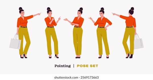 Modern businesswoman pointing pose set. Business lady in high waisted pants, loose office work long trousers with belt, attractive classy blouse female model. Vector flat style cartoon illustration