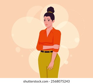 Modern businesswoman pondering pose. Business lady, high waisted pants, office trousers with belt, attractive blouse female model. Vector flat style cartoon illustration, creative background color