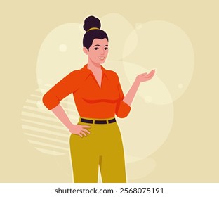 Modern businesswoman presentation pose. Business lady, high waisted pants, office trousers with belt, attractive blouse female model. Vector flat style cartoon illustration, creative background color