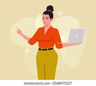 Modern businesswoman presenting at laptop computer pose. Business lady, high waisted pants, office trousers belt, blouse female model. Vector flat style cartoon illustration creative background color