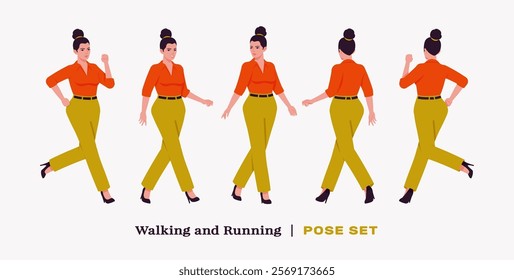 Modern businesswoman run, hurry pose set. Business lady in high waisted pants, loose office work long trousers with belt, attractive classy blouse female model. Vector flat style cartoon illustration