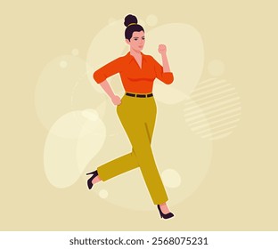 Modern businesswoman running pose. Business lady, high waisted pants, office trousers with belt, attractive blouse female model. Vector flat style cartoon illustration on creative background color