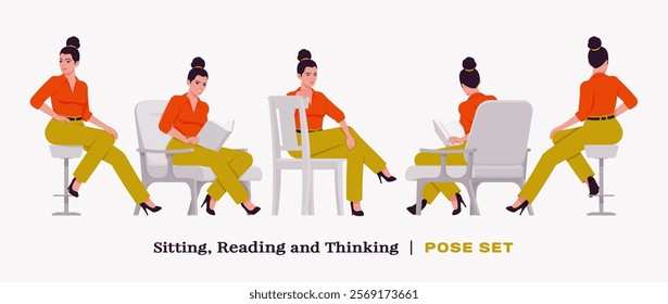 Modern businesswoman sit, read pose set. Business lady in high waisted pants, loose office work long trousers with belt, attractive classy blouse female model. Vector flat style cartoon illustration