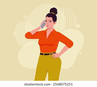 Modern businesswoman smartphone call pose. Business lady, high waisted pants, office trousers belt, attractive blouse female model. Vector flat style cartoon illustration creative background color