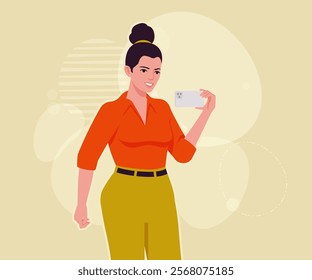 Modern businesswoman smartphone use pose. Business lady, high waisted pants, office trousers with belt, attractive blouse female model. Vector flat style cartoon illustration creative background color